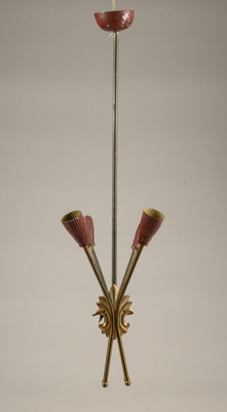 Lampadario  in metallo verniciato rosso e oro, Italia 1960