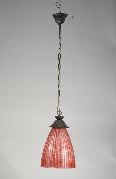 Lampadario vetro rosso corallo striato  Italia 1970