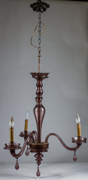 Lampadario Murano viola vetro 3 luci originale Italia  1930