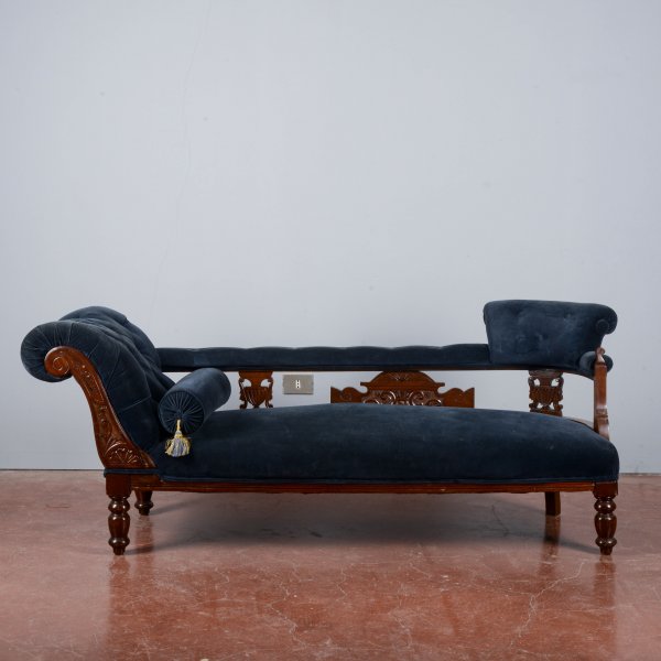 Dormeuse divano antico velluto blu visavis Italia XIX secolo