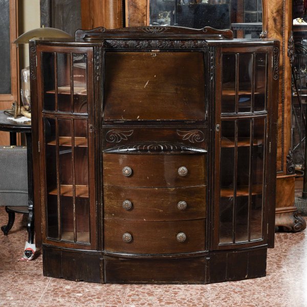 Credenza vetrina a ribalta inglese vittoriana epoca XIX secolo