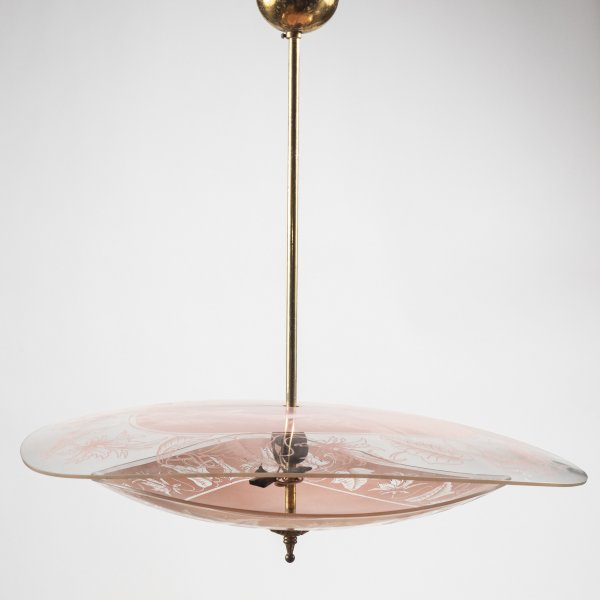 Lampadario mid century in vetro rosa e trasparente
