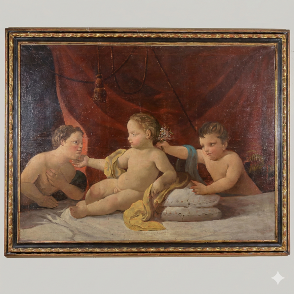 dipinto olio su tela putti