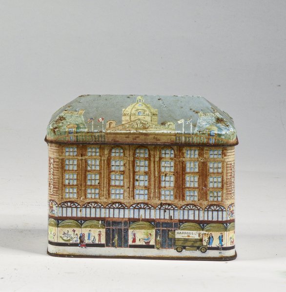 Scatola in latta vintage marcata Harrods Knights Bridge England
