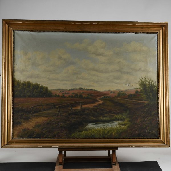 Quadro paesaggio  olio su tela cornice foglia oro epoca primi 900
