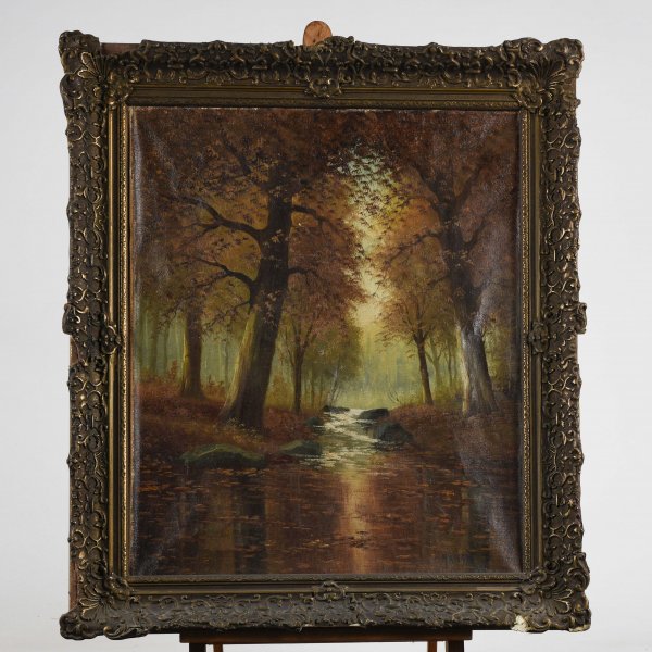 Quadro scena di sottobosco con cornice coeva olio su tela  epoca Liberty