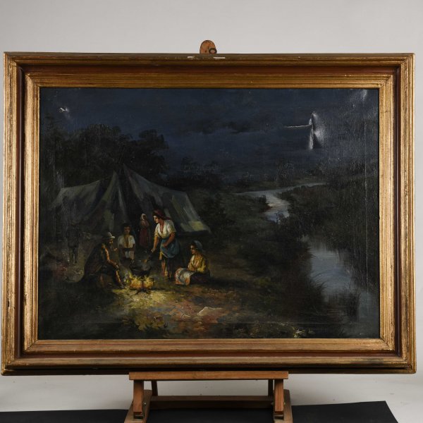 Quadro olio su tela gruppo di zingari gitani attorno al fuoco scena notturna primo 900