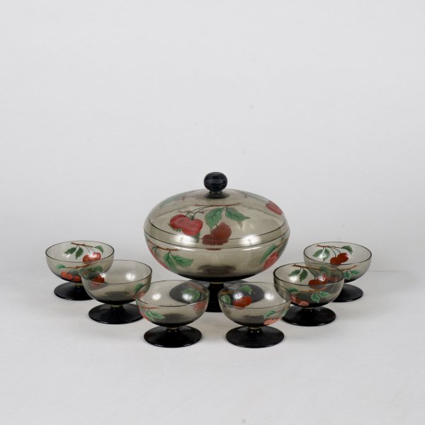 coppa con coperchio epoca Liberty in vetro fumé realizzata a mano, decorata Italia 1930, 6 bicchierini