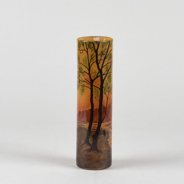Vaso cilindrico in vetro decorato stile Gallè