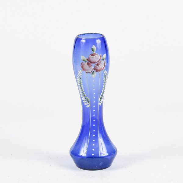 Vaso in vetro soffiato blu con decori fiori dipinti inizio XX secolo epoca LIberty