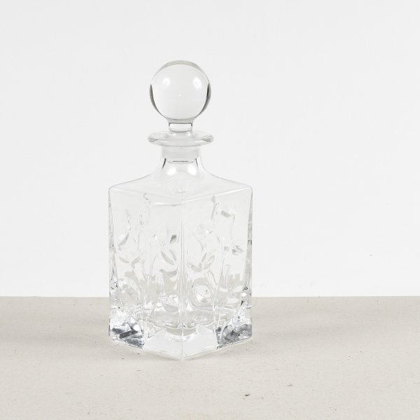 bottiglia da wisky con decoro di foglie a ramo in vetro