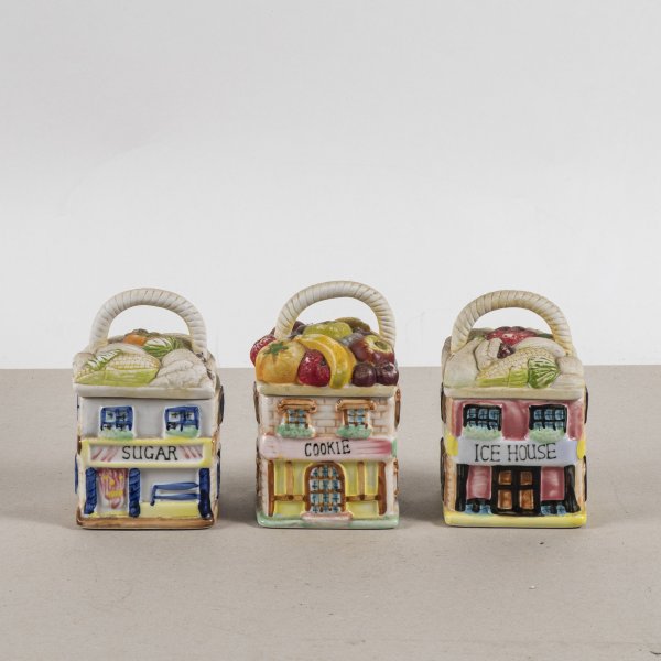 set di tre barattoli a forma di casetta